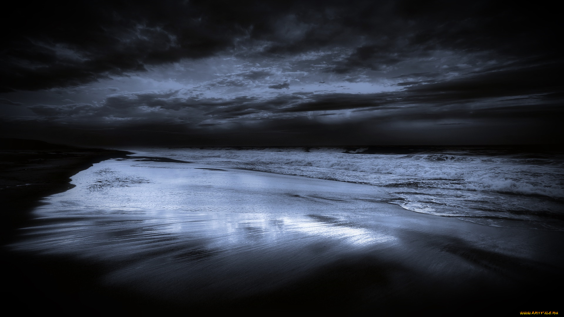 природа, побережье, ночь, облака, море
