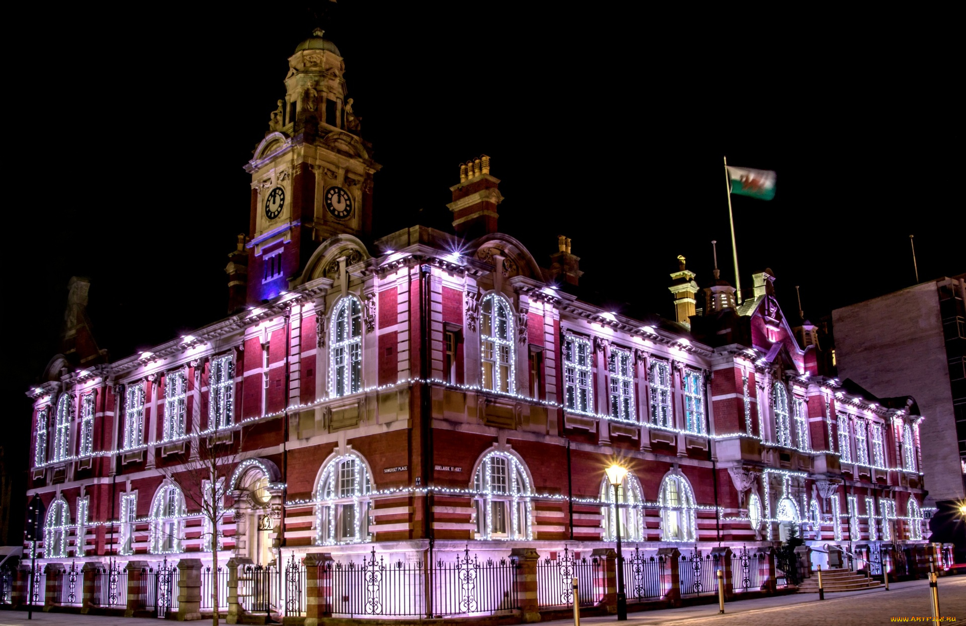 города, -, огни, ночного, города, фонари, ночь, гирлянда, флаг