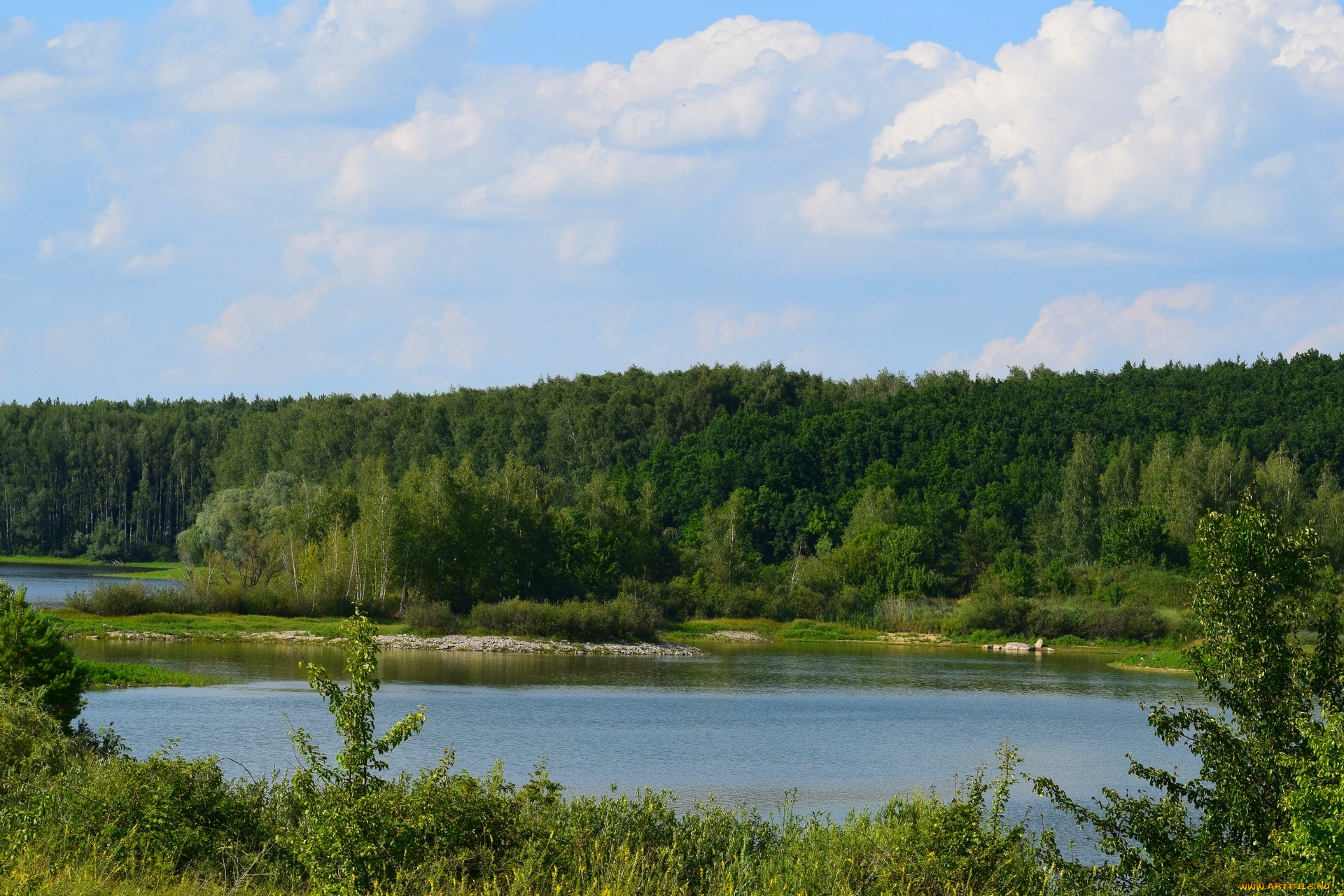 природа, реки, озера, трава, облака, камни, деревья, водоем