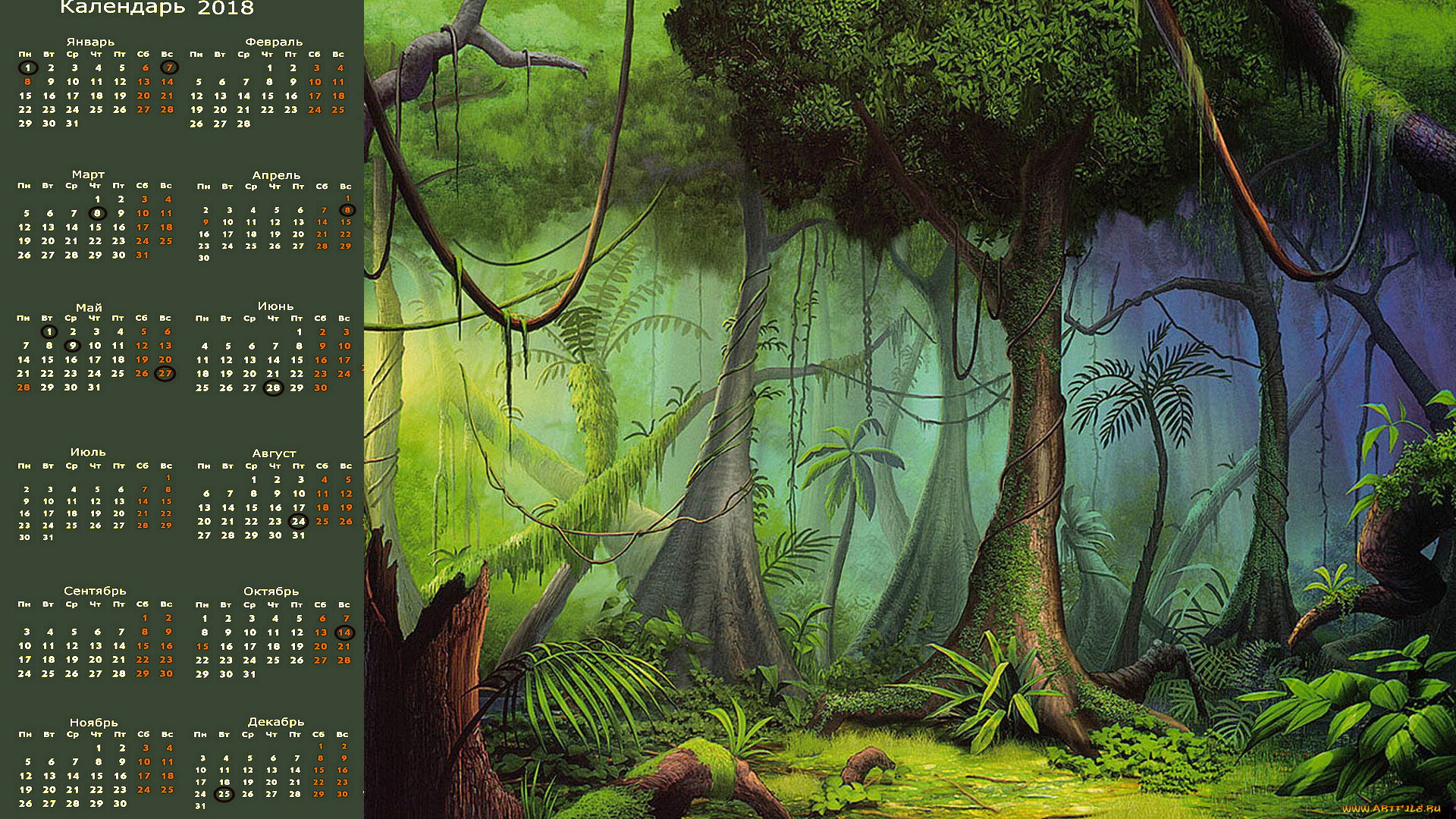 календари, рисованные, , векторная, графика, деревья, растения