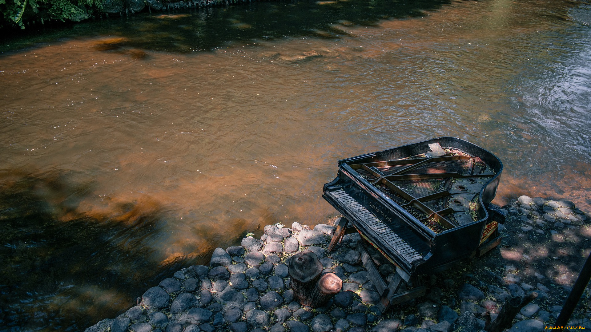 музыка, -музыкальные, инструменты, камни, водоем, рояль