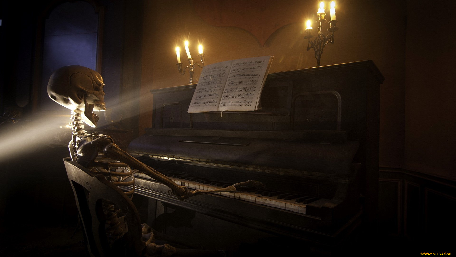 музыка, -музыкальные, инструменты, пианино, ноты, скелет, подсвечник