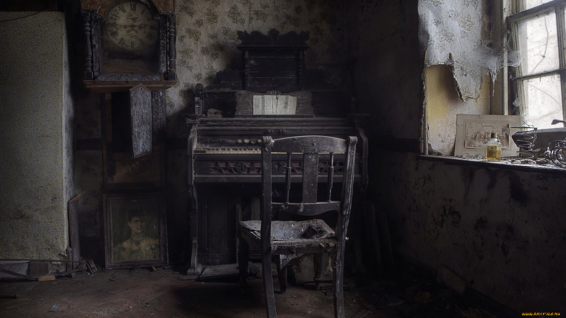 музыка, -музыкальные, инструменты, пианино, стул, часы, окно, комната