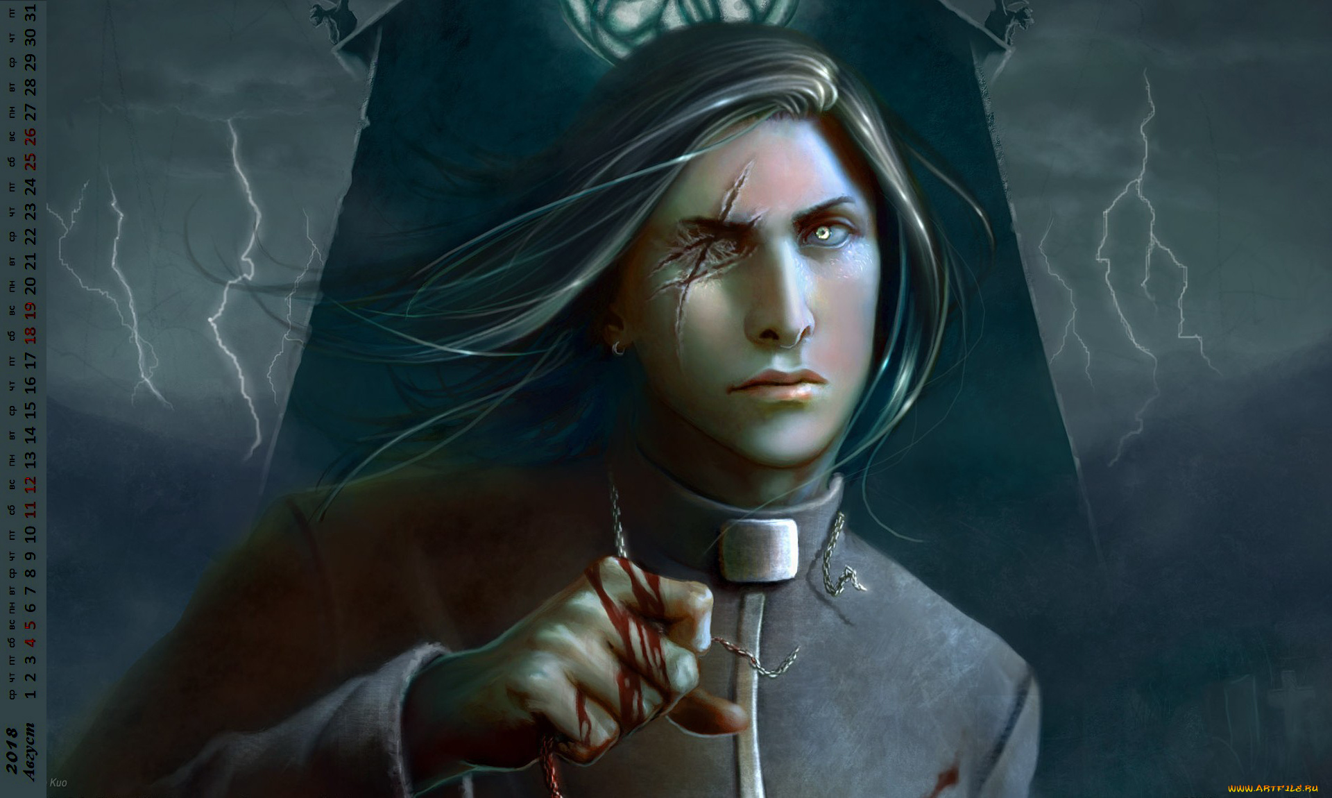календари, фэнтези, взгляд, кровь, шрам, молния, лицо