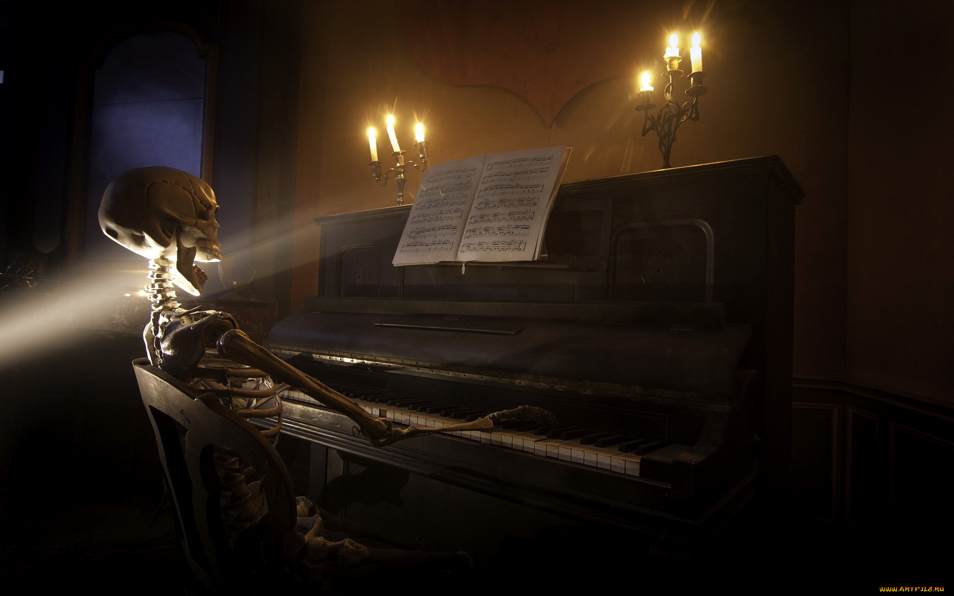 музыка, -музыкальные, инструменты, пианино, ноты, скелет, подсвечник