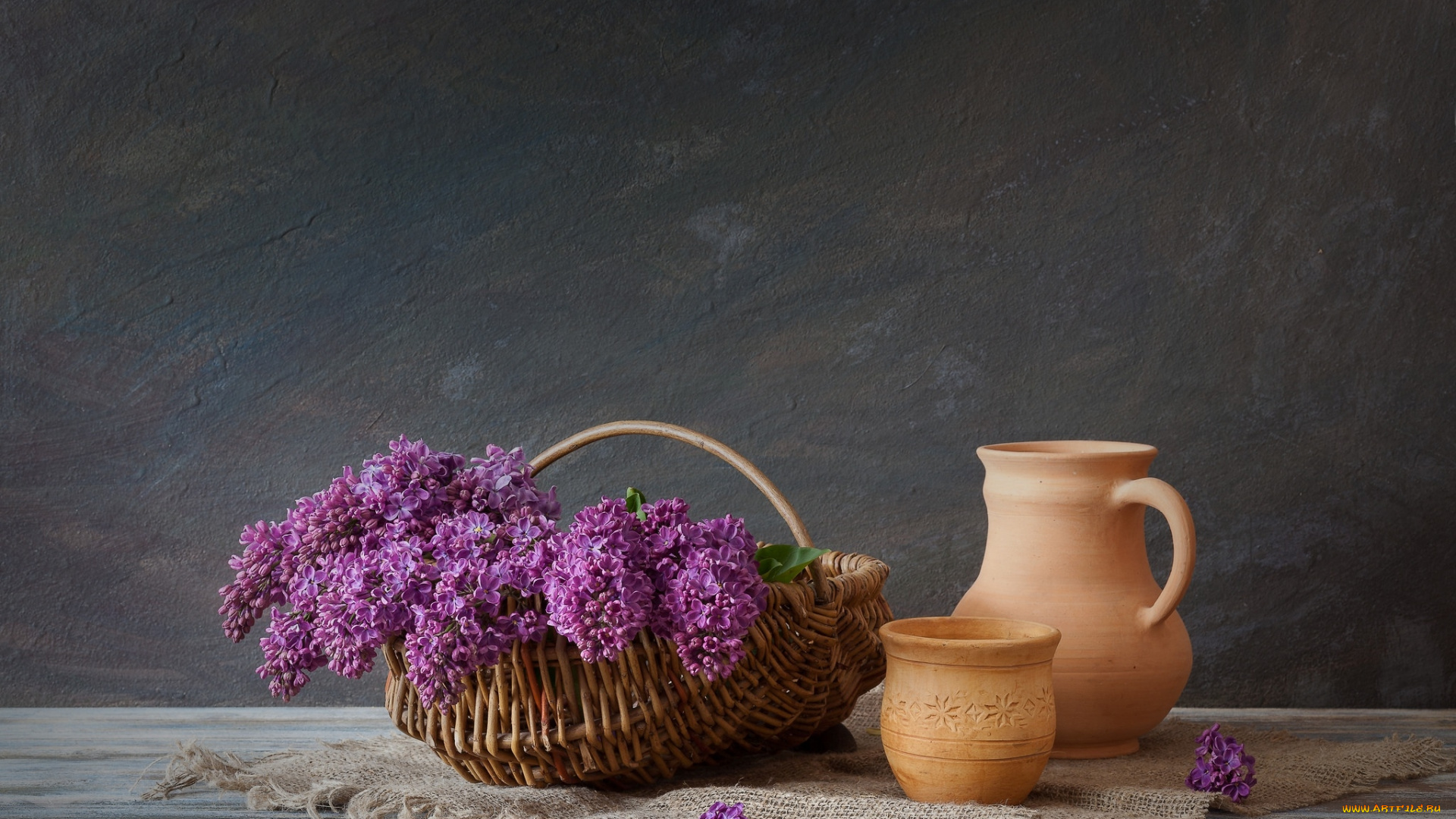 цветы, сирень, корзинка, кувшин