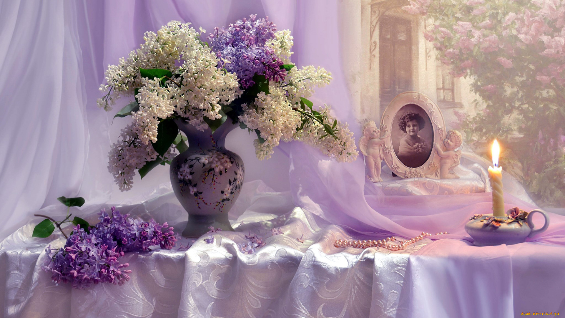 цветы, сирень, портрет, свеча