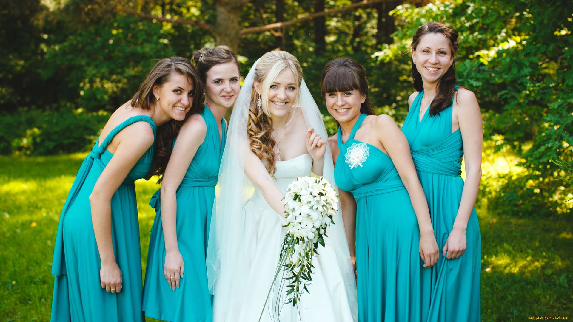 девушки, -unsort, , группа, девушек, букет, фата, невеста, подружки, улыбки, цветы