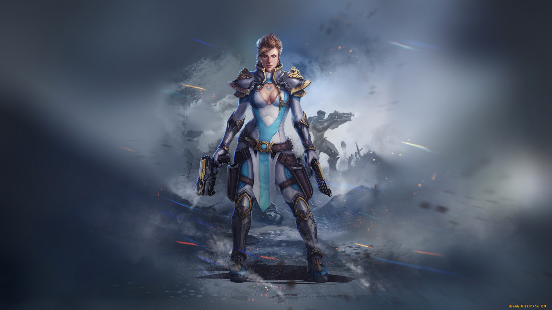 фэнтези, девушки, фон, взгляд, униформа, девушка, оружие