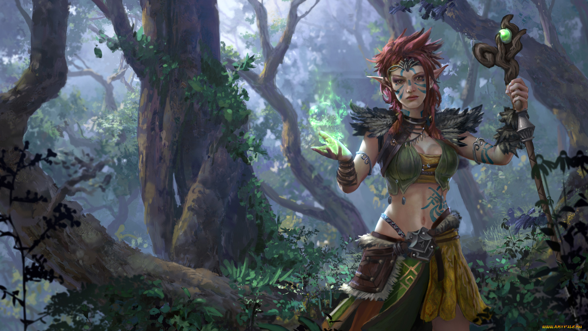 фэнтези, эльфы, посох, магия, лес, униформа, взгляд, девушка, фон