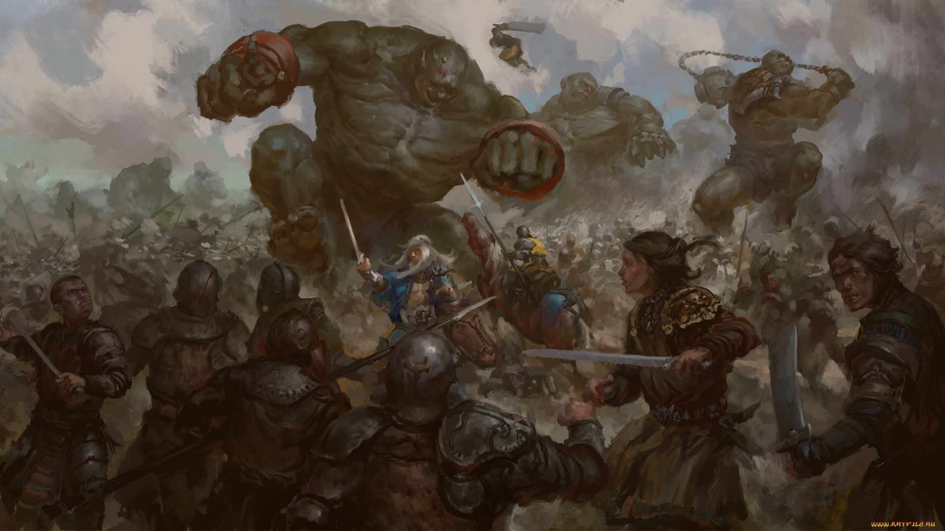 фэнтези, существа, бой, тролли, люди