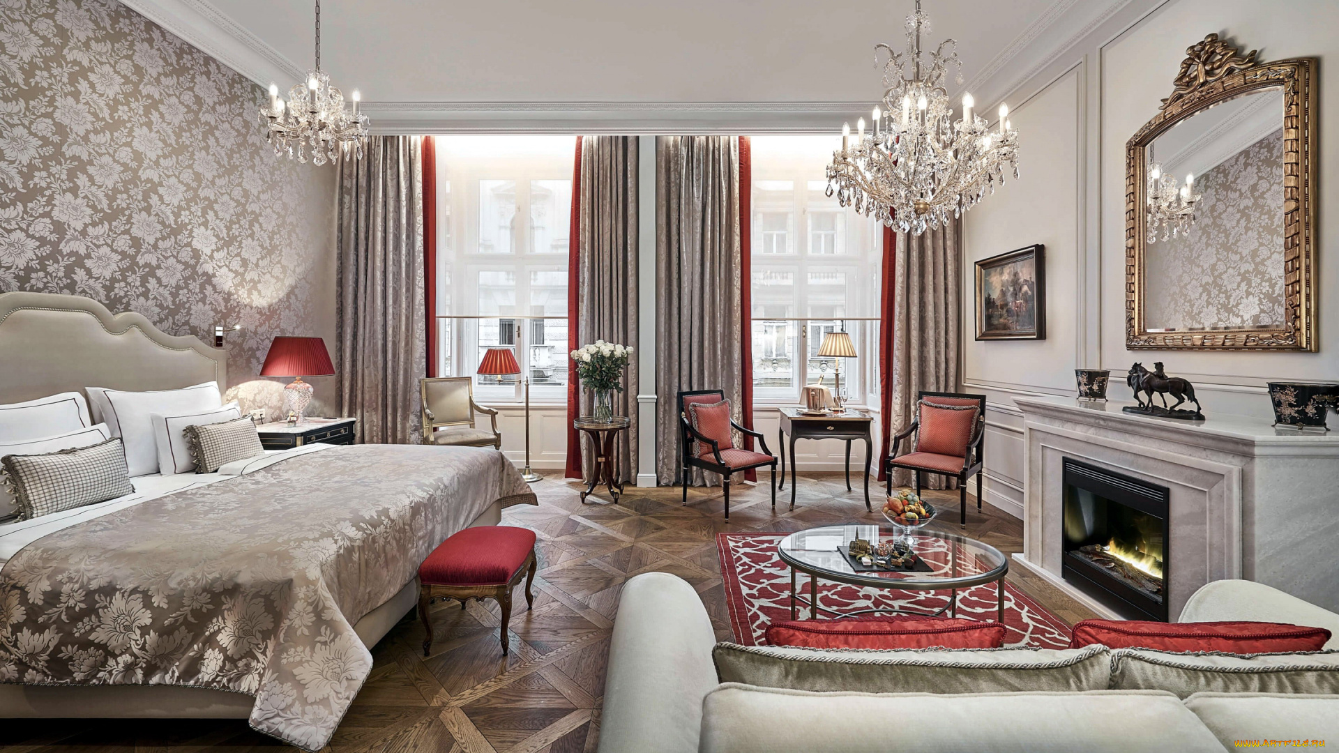 интерьер, спальня, зеркало, кровать, люстры