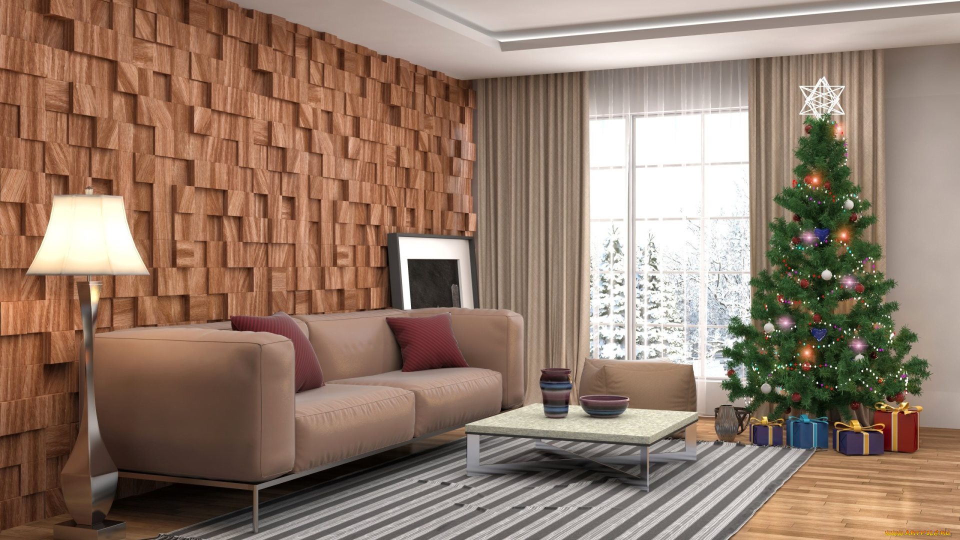 праздничные, ёлки, подарки, торшер, диван, елка