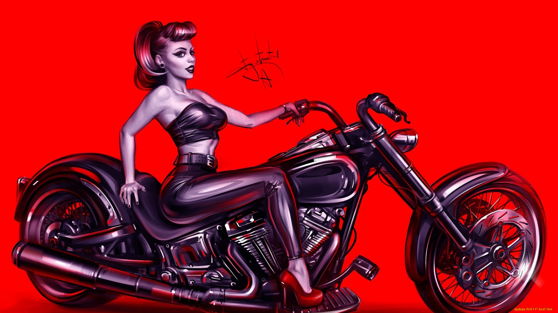 рисованное, люди, мотоцикл, девушка