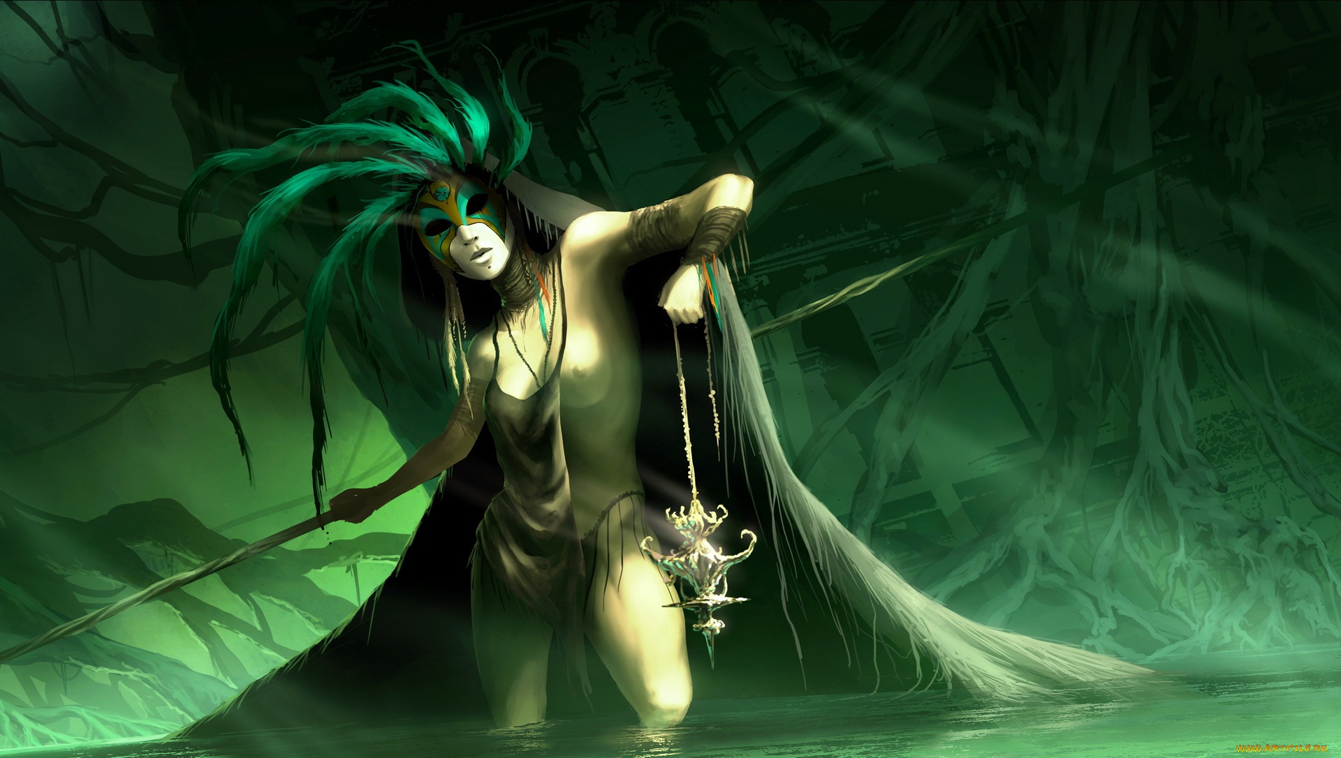 фэнтези, девушки, грудь, фон, маска, девушка