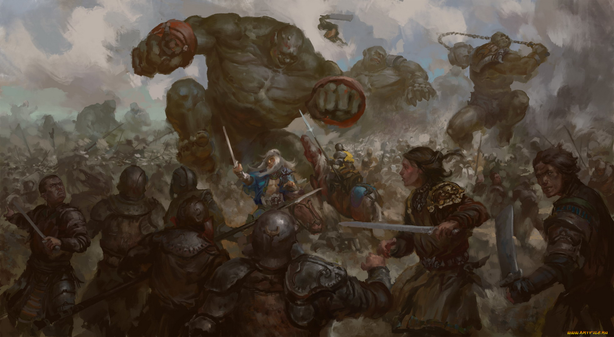 фэнтези, существа, бой, тролли, люди