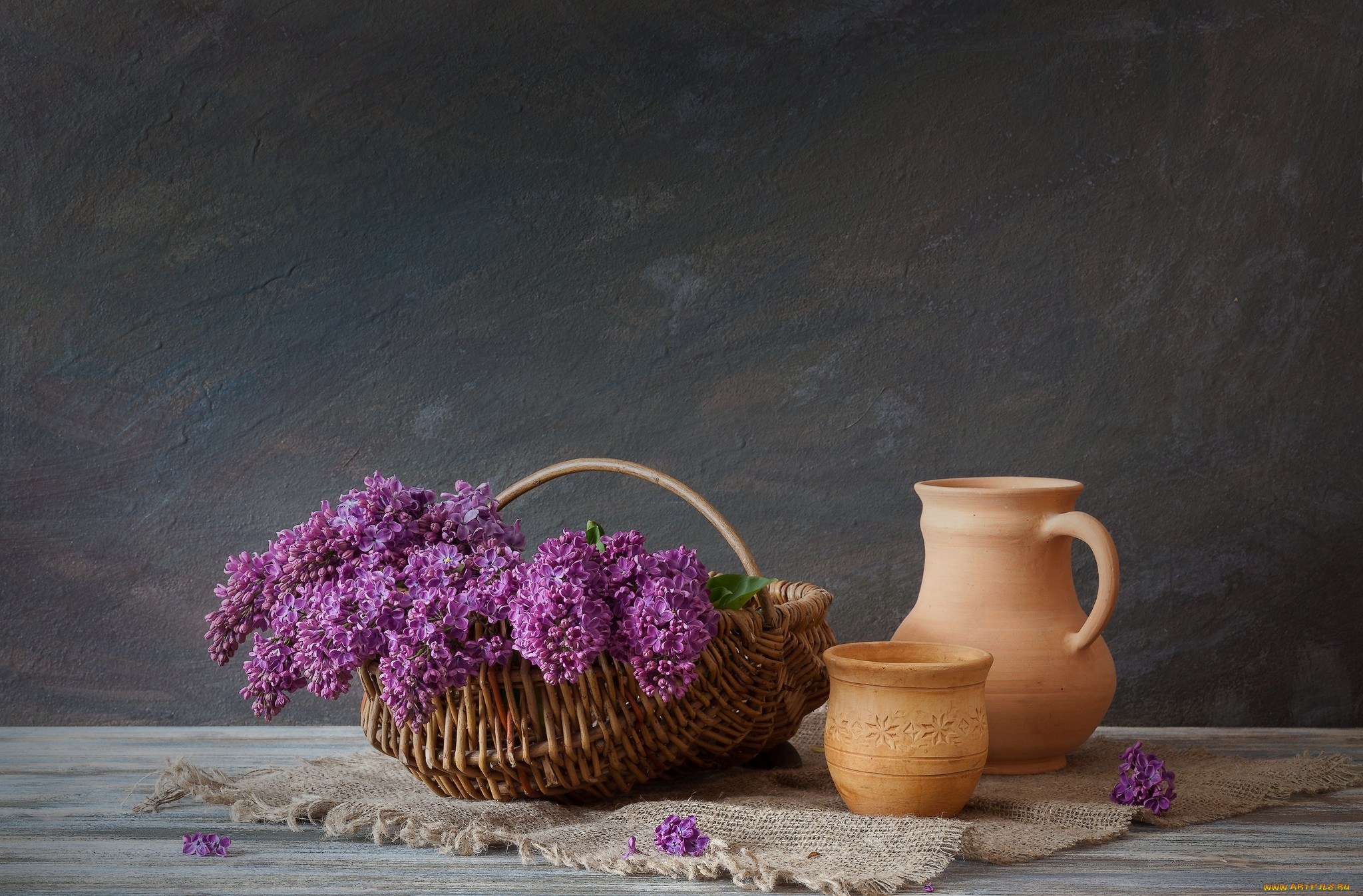 цветы, сирень, корзинка, кувшин