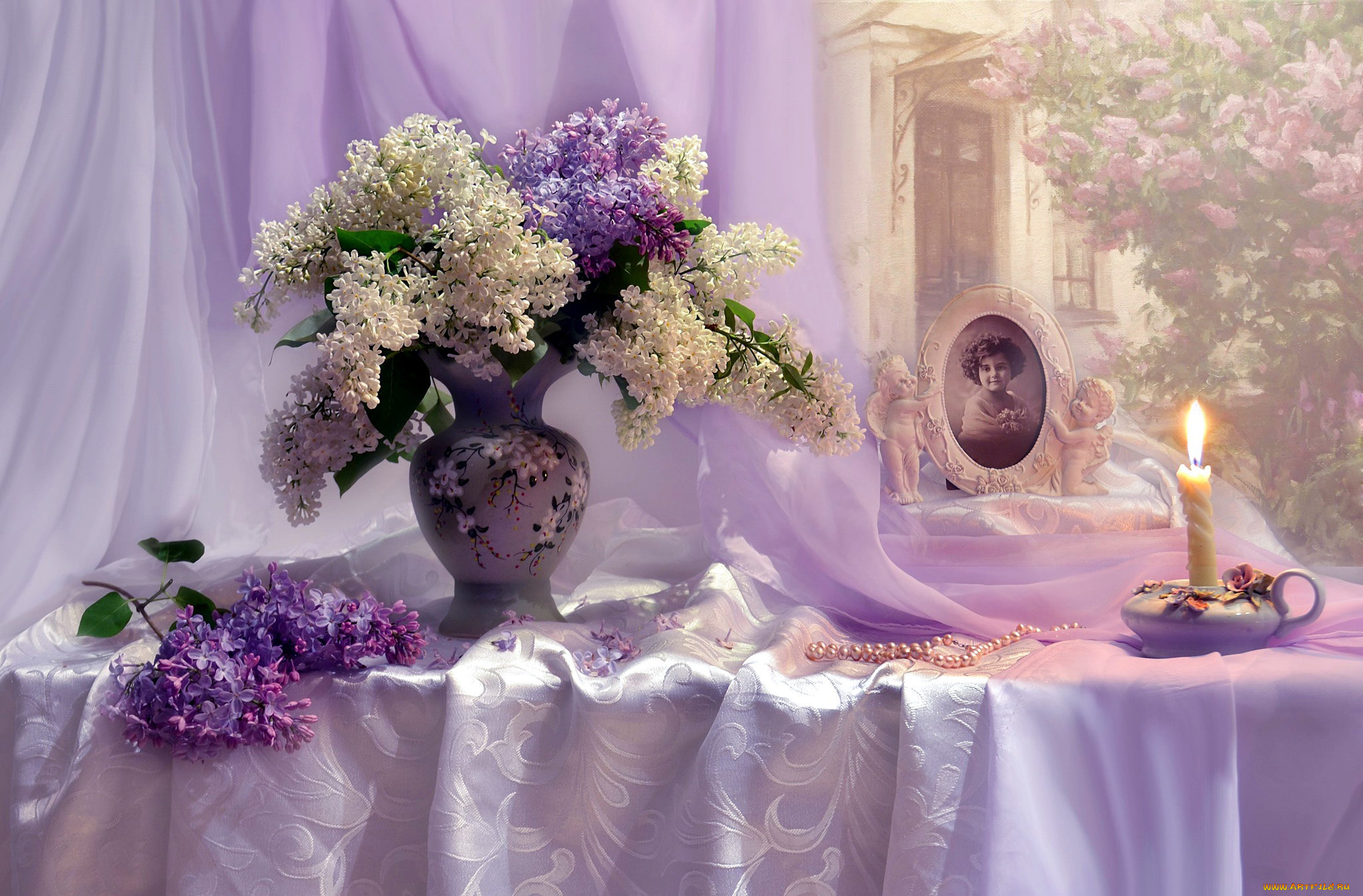 цветы, сирень, портрет, свеча