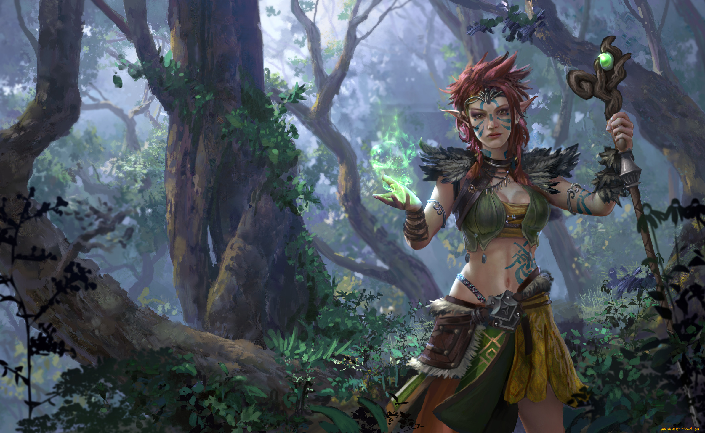 фэнтези, эльфы, посох, магия, лес, униформа, взгляд, девушка, фон