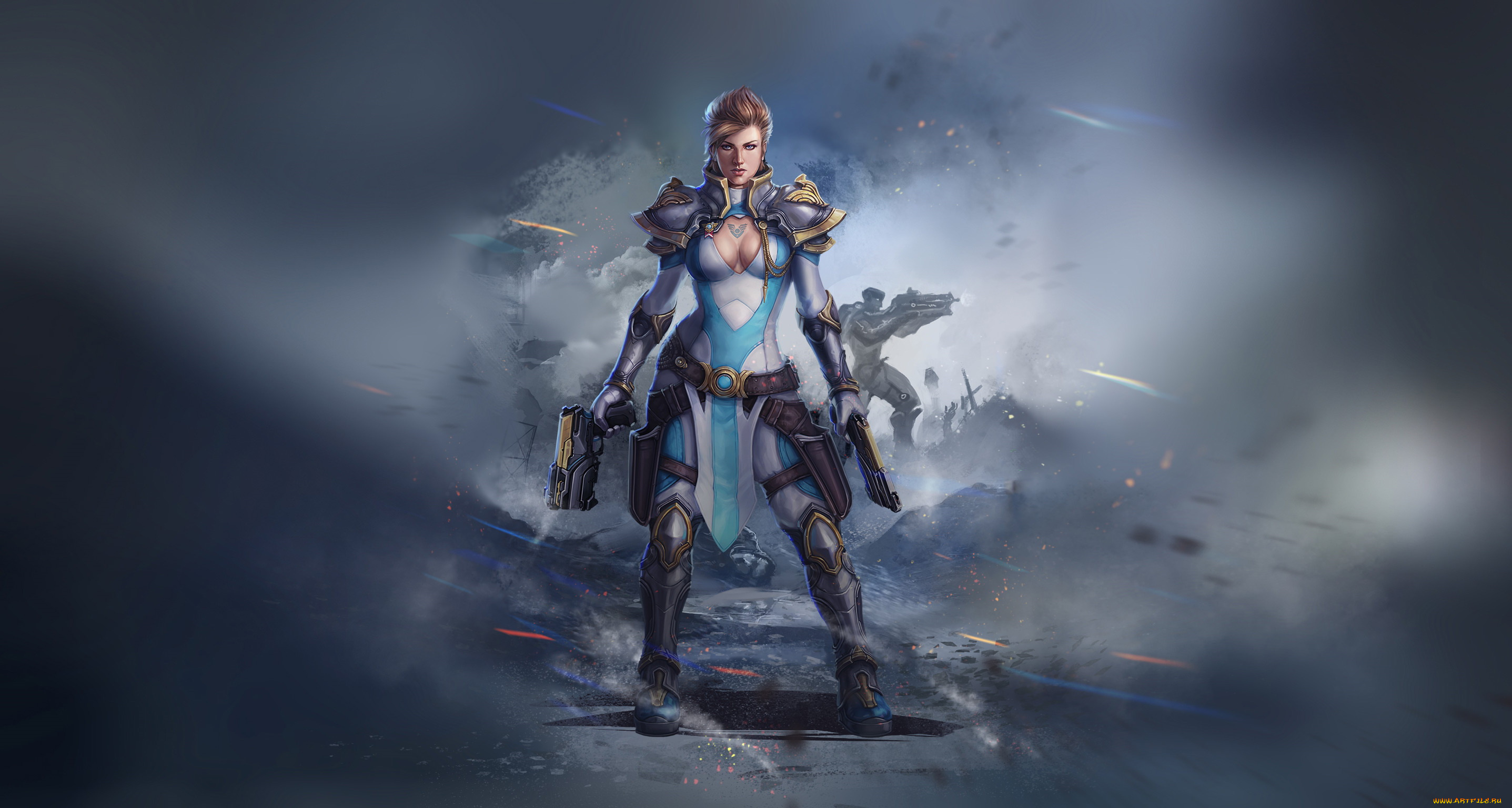 фэнтези, девушки, фон, взгляд, униформа, девушка, оружие