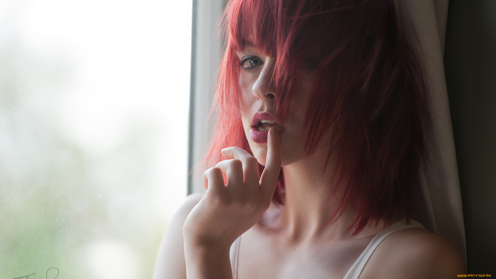 девушки, -, лица, , портреты, окно, лицо, штора, майка