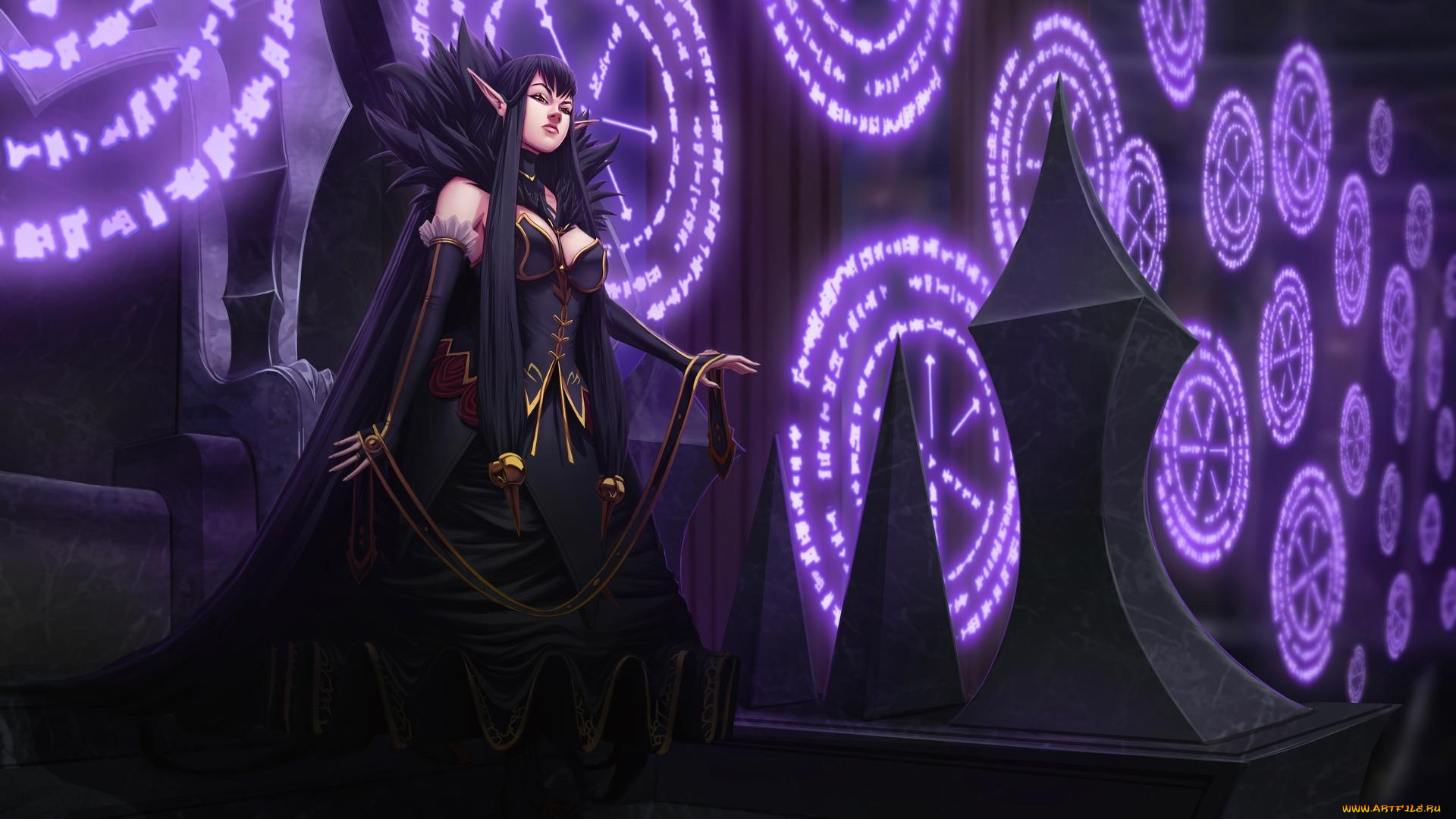 фэнтези, эльфы, девушка, ушки, платье, плащ, трон, знаки