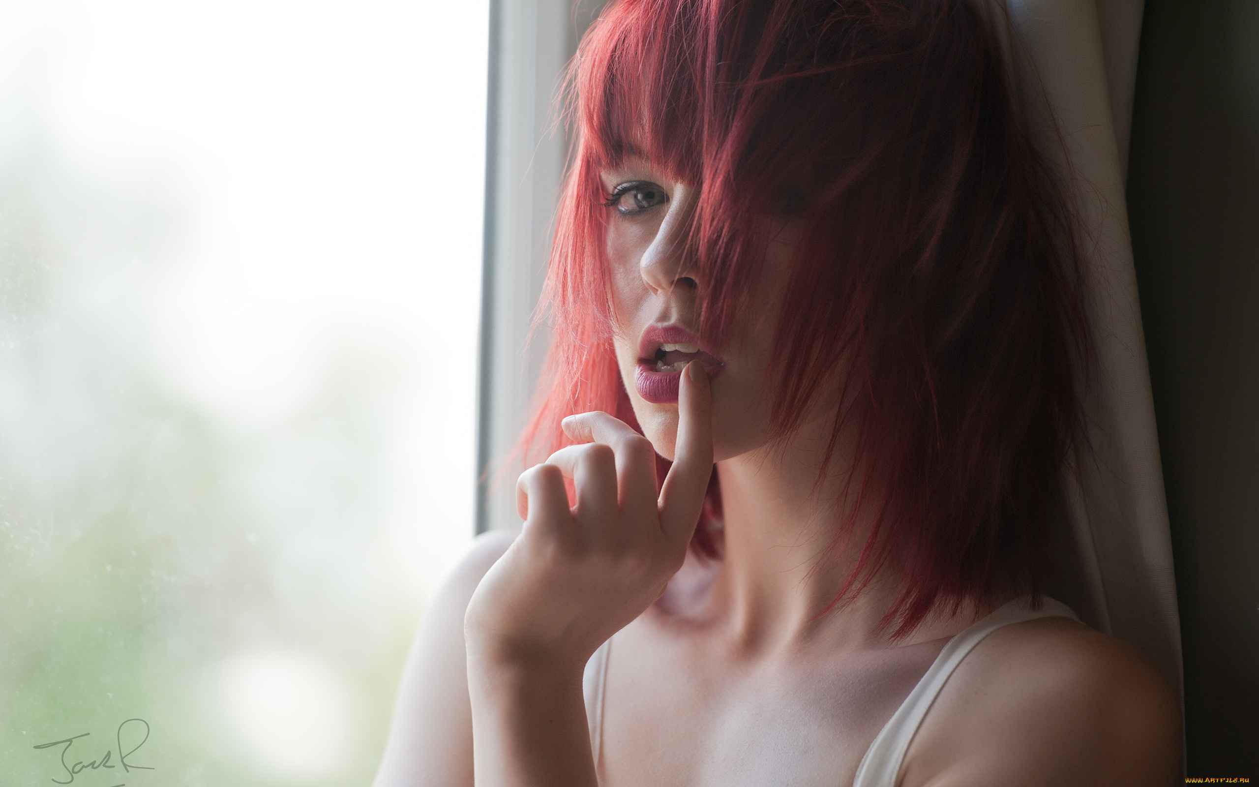 девушки, -, лица, , портреты, окно, лицо, штора, майка