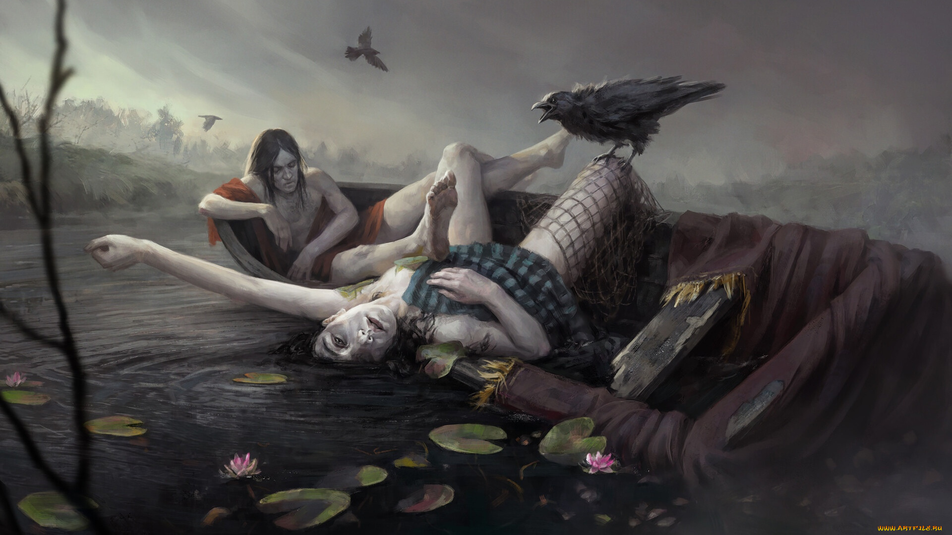 фэнтези, нежить, мертвецы, лодка, птицы, озеро