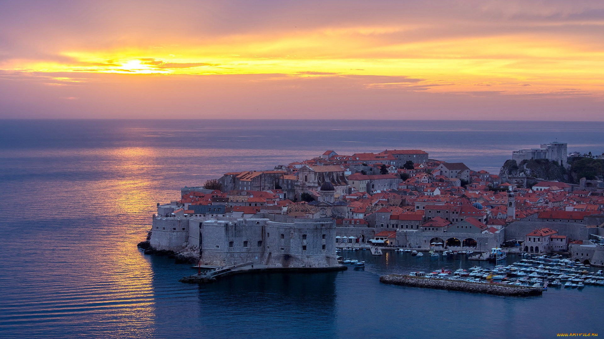 города, дубровник, , хорватия, панорама, вечер, огни, закат