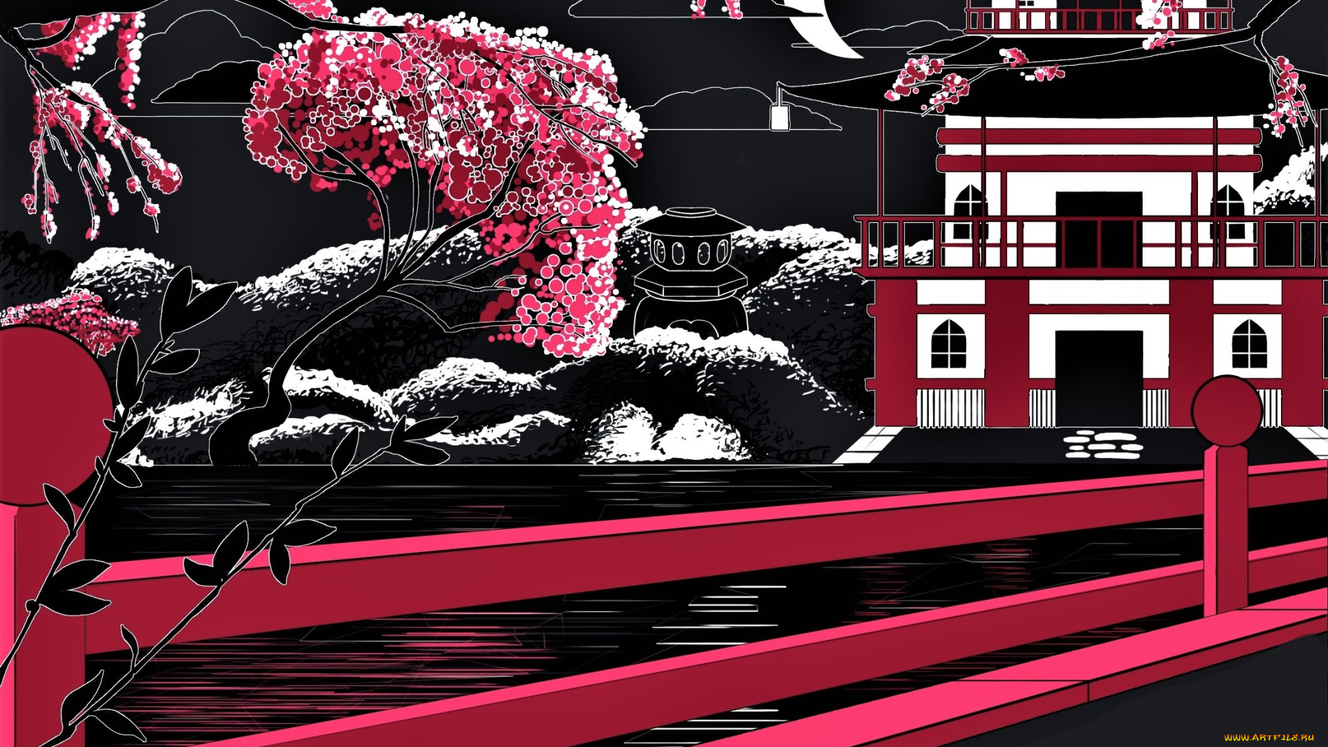 векторная, графика, город, , city, мост, дом, сад, луна