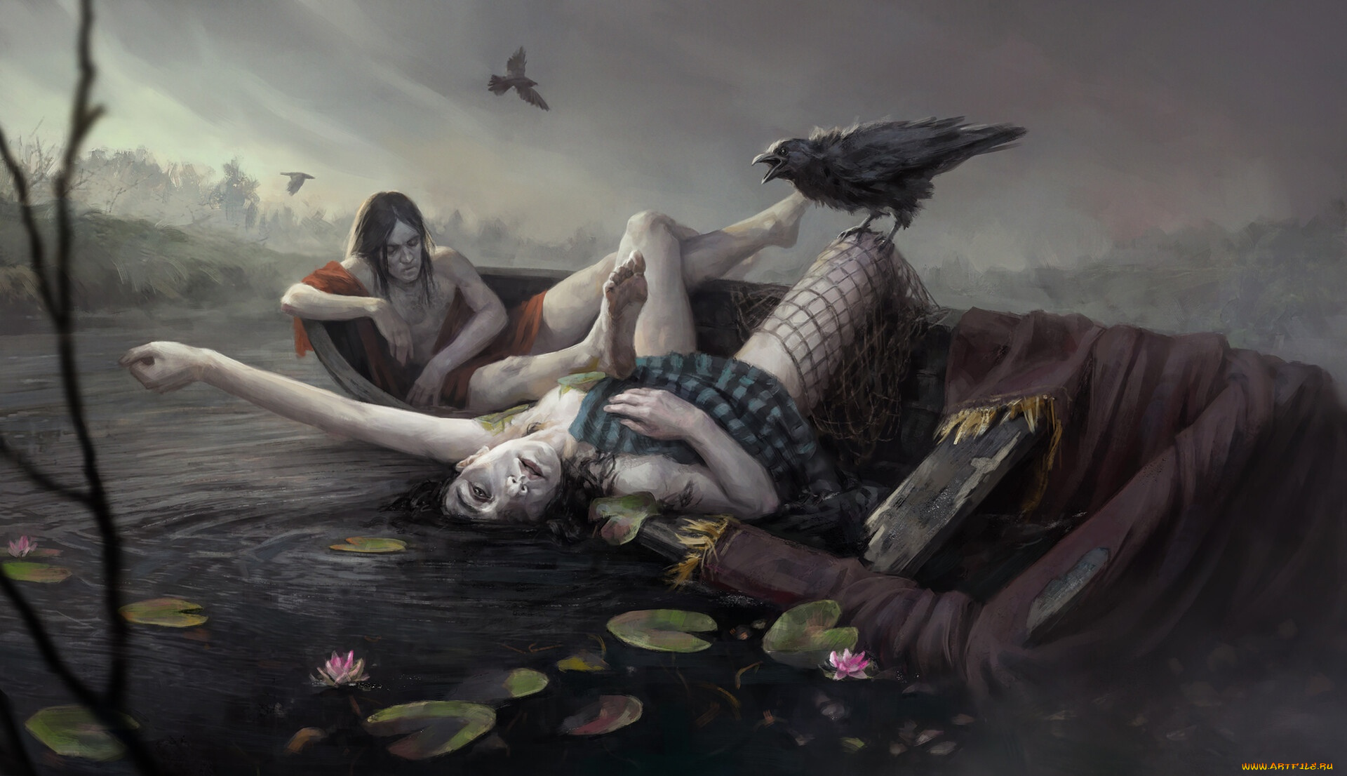 фэнтези, нежить, мертвецы, лодка, птицы, озеро