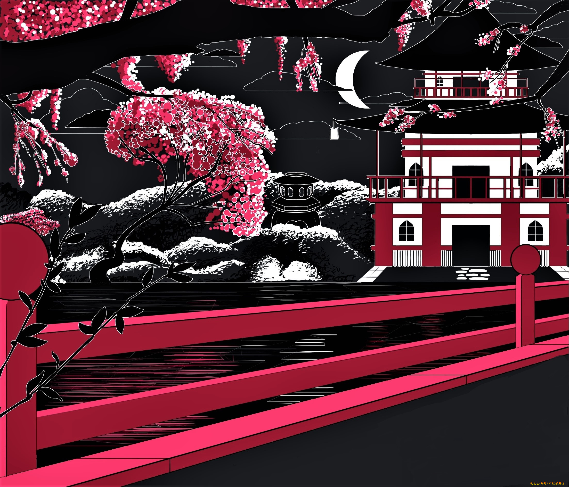 векторная, графика, город, , city, мост, дом, сад, луна