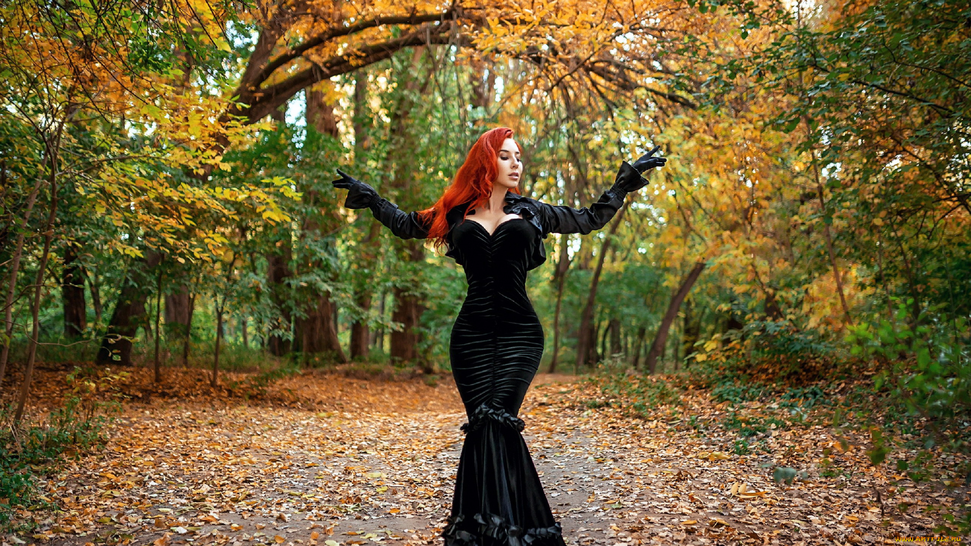 девушки, -, рыжеволосые, и, разноцветные, парк, осень, листопад, рыженькая