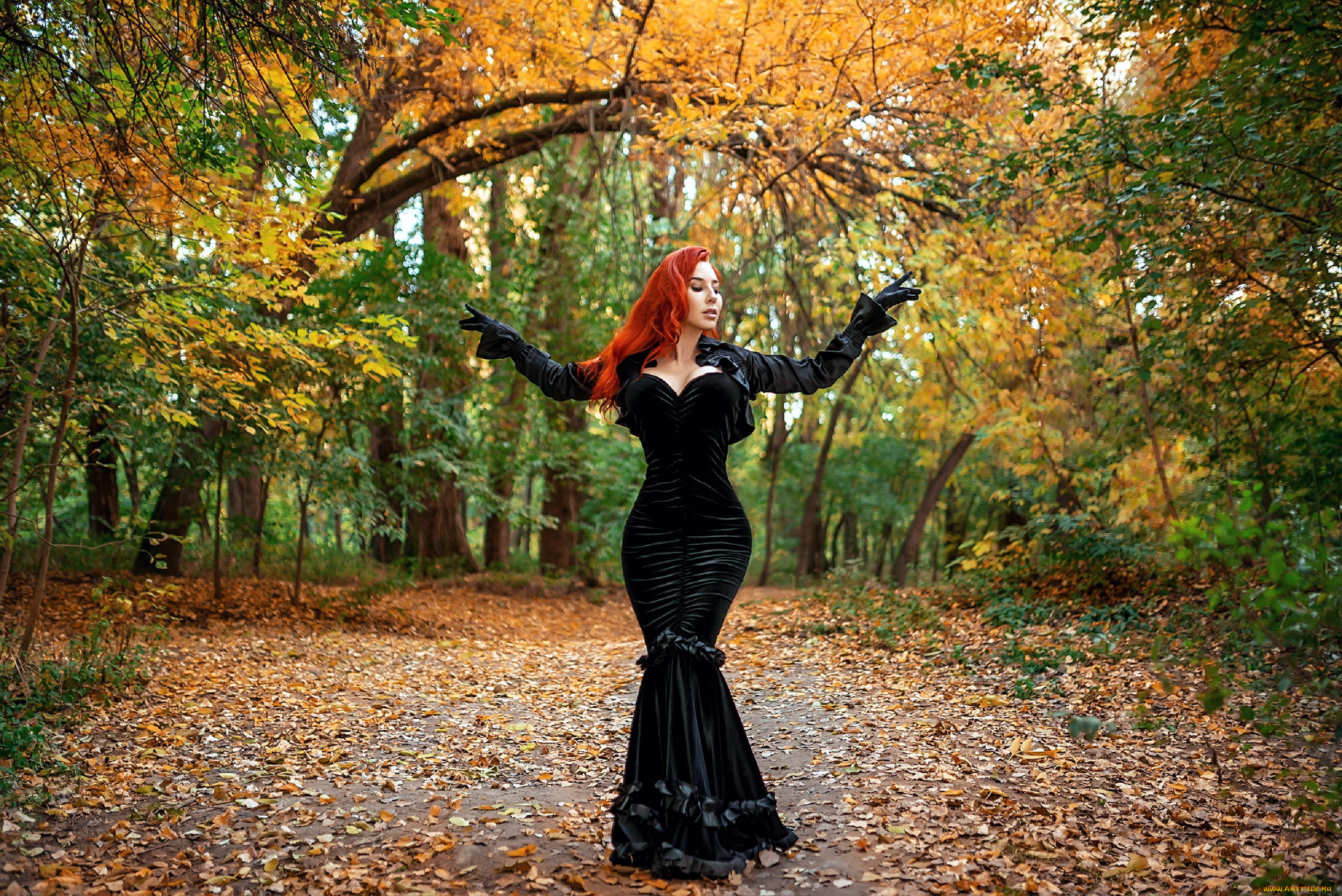 девушки, -, рыжеволосые, и, разноцветные, парк, осень, листопад, рыженькая