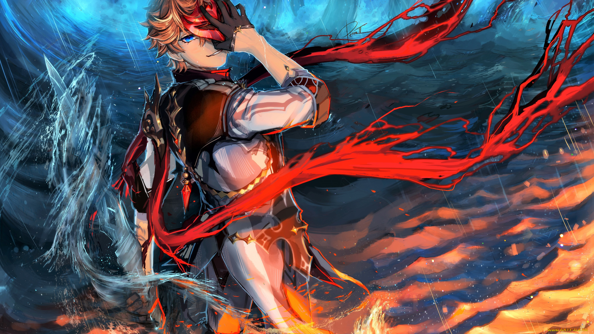 аниме, genshin, impact, парень, маска, меч, магия