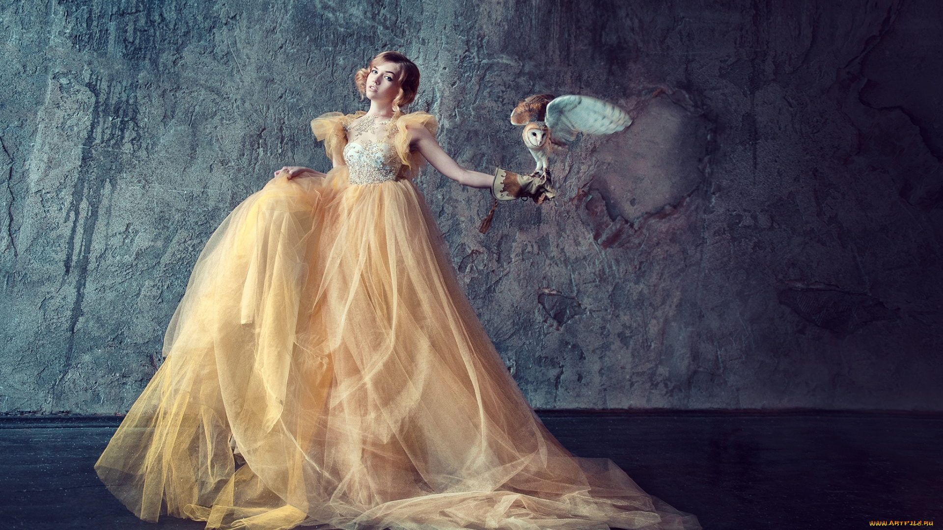 девушки, -, креатив, , косплей, вечернее, платье, перчатка, сова