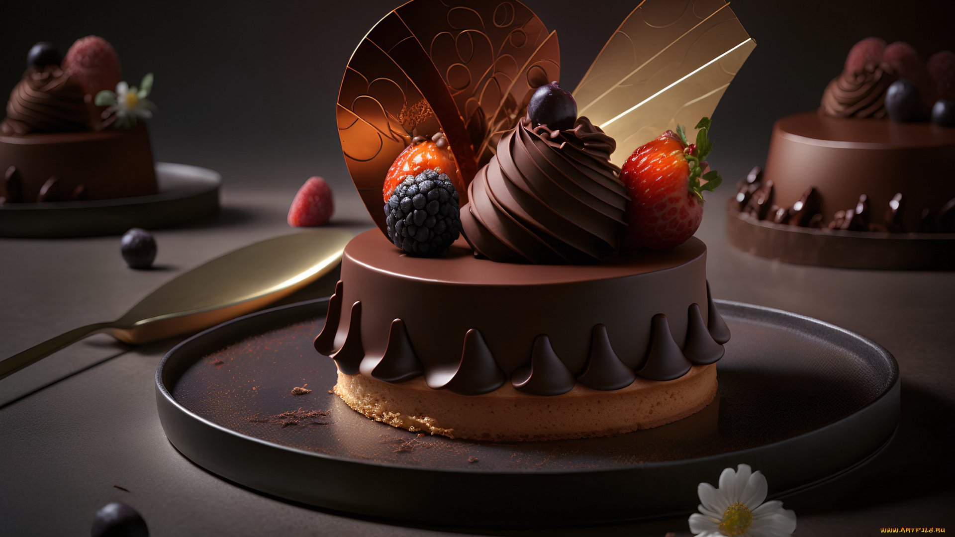 еда, торты, шоколадный, торт, клубника, ежевика