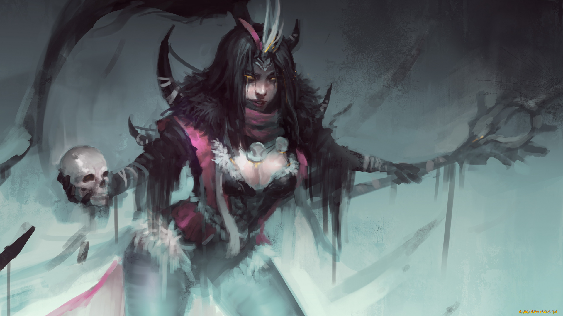 фэнтези, маги, , волшебники, девушка, фон, взгляд, череп