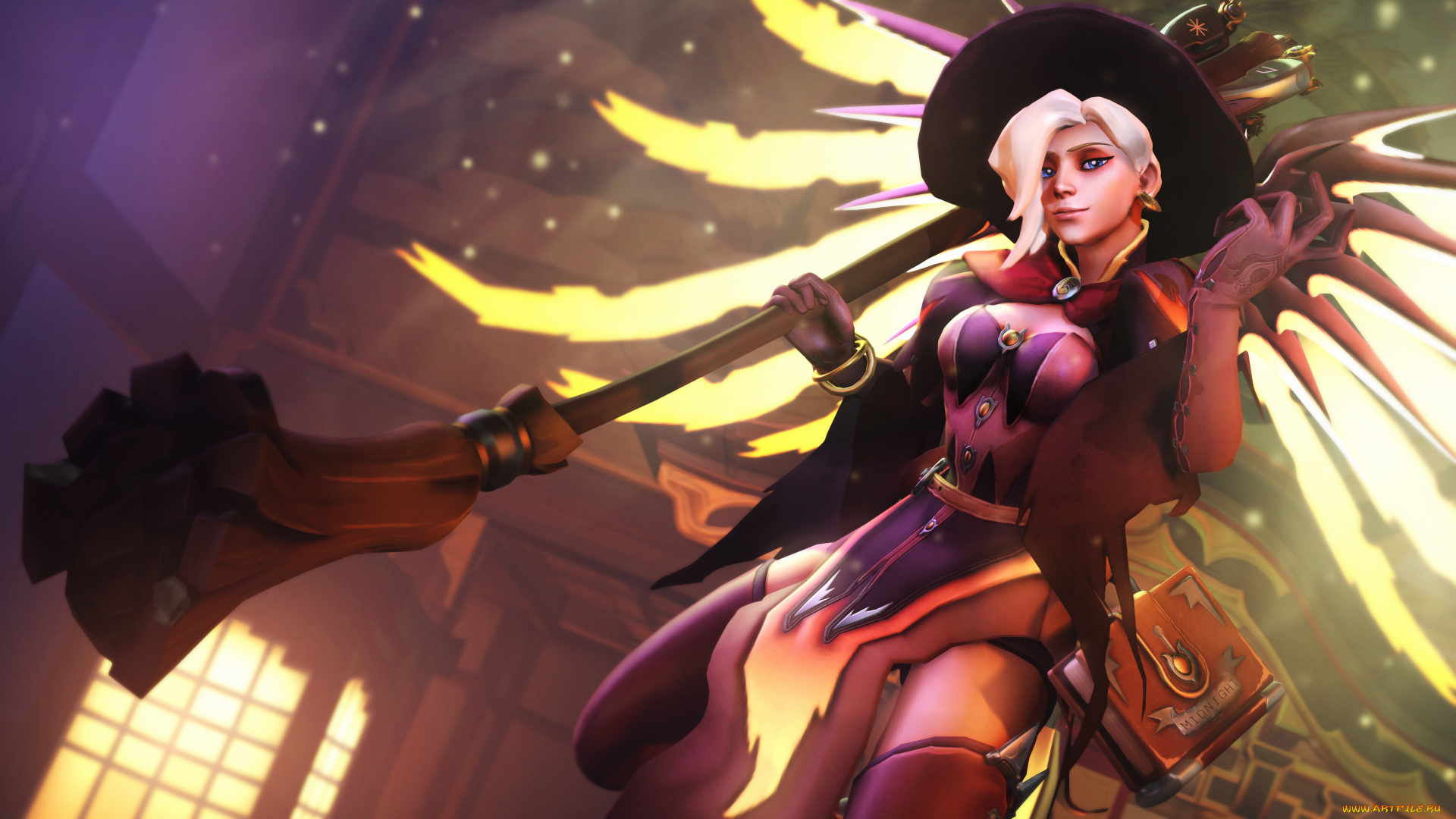 видео, игры, overwatch, девушка, фон, взгляд, униформа, метла, книга