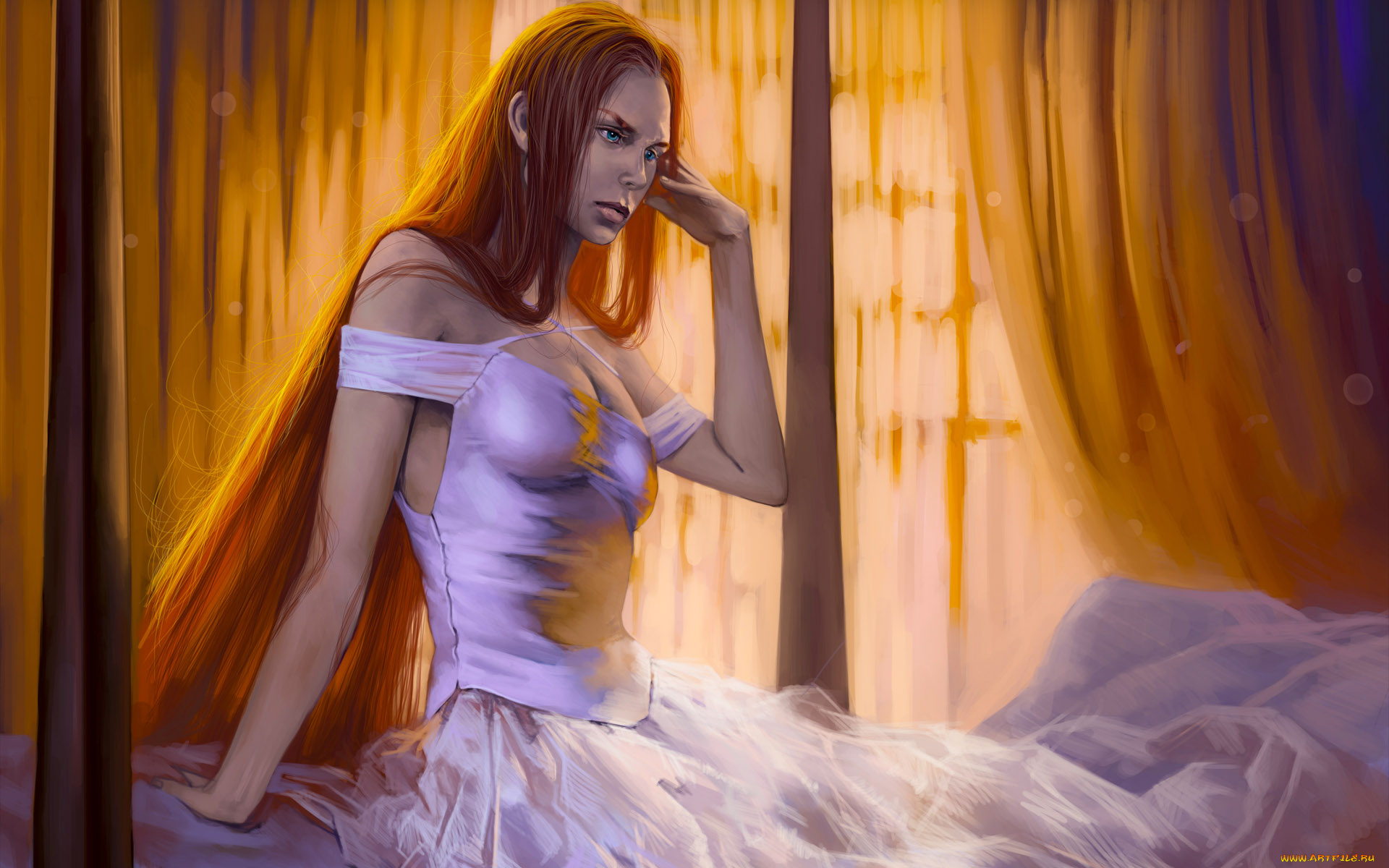 рисованное, люди, девушка, фон, платье