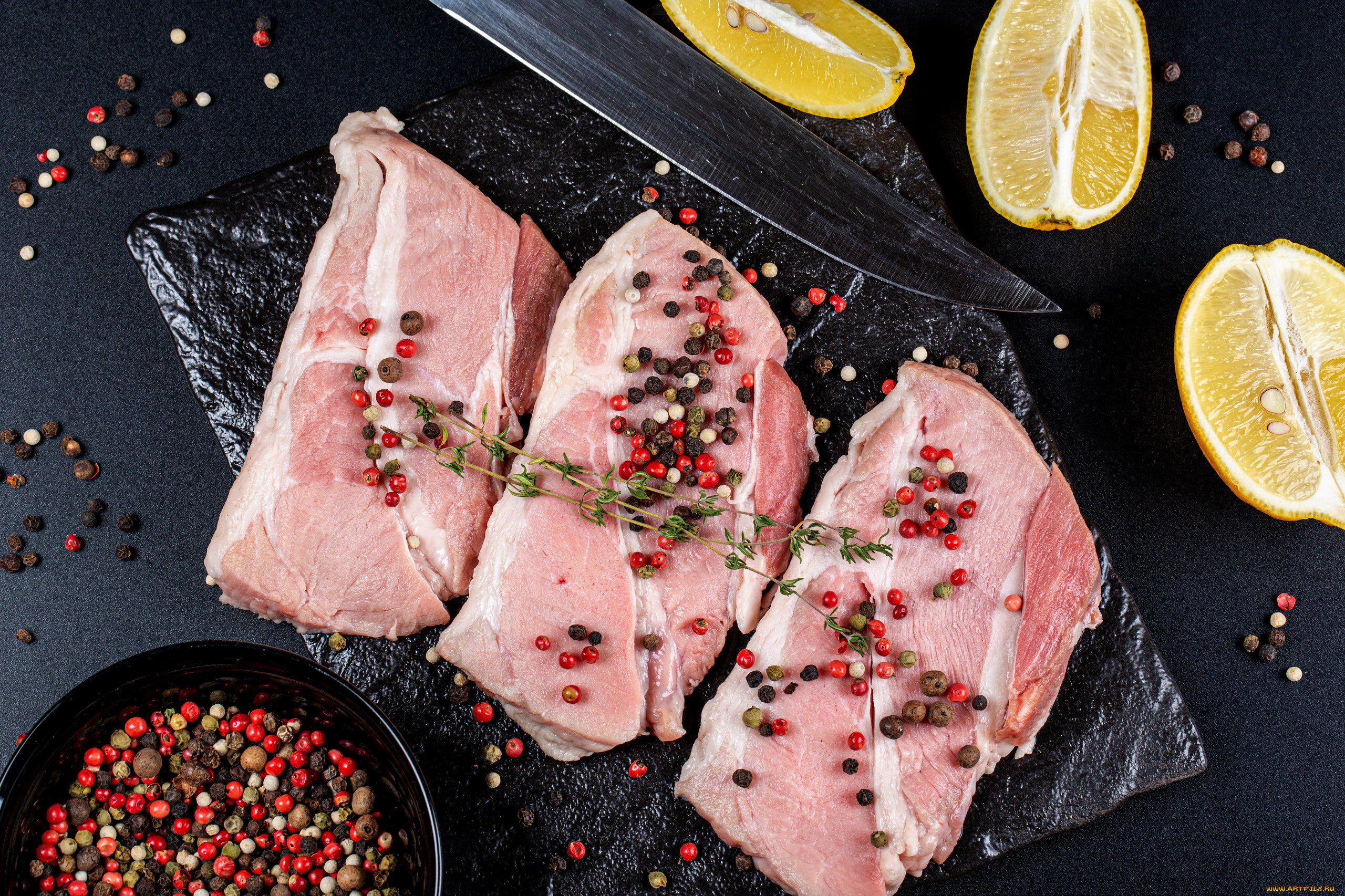 еда, мясные, блюда, лимон, перец, стейки