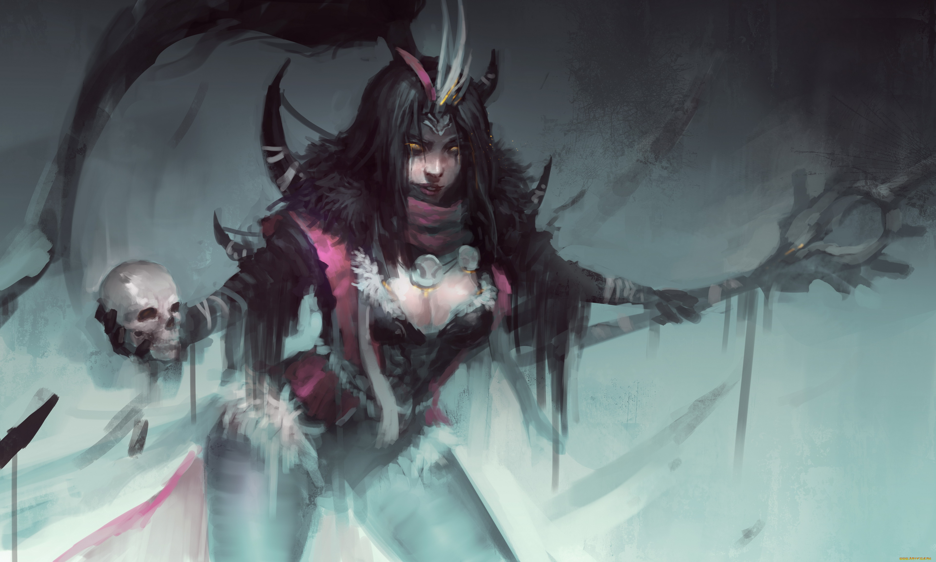 фэнтези, маги, , волшебники, девушка, фон, взгляд, череп