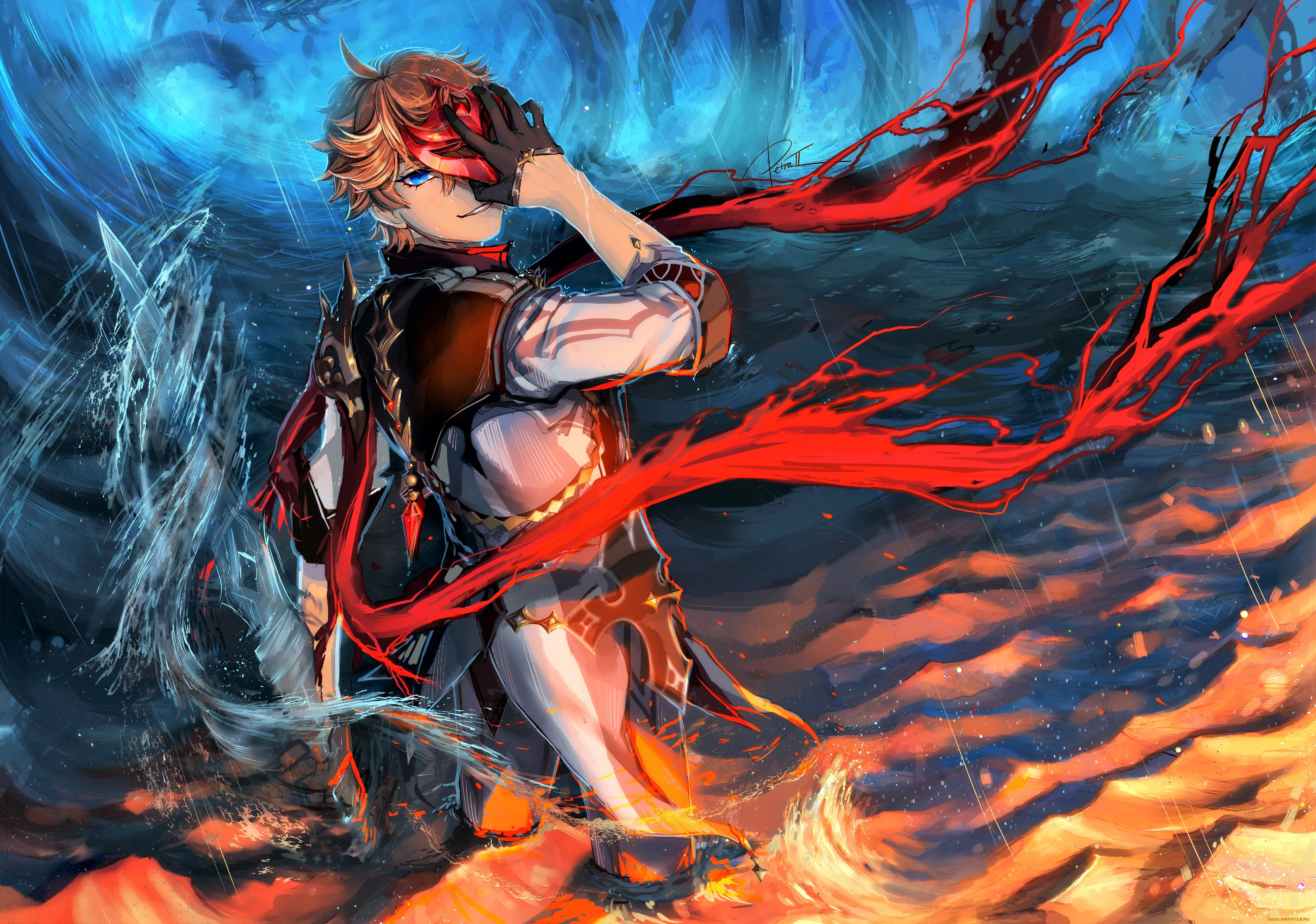 аниме, genshin, impact, парень, маска, меч, магия