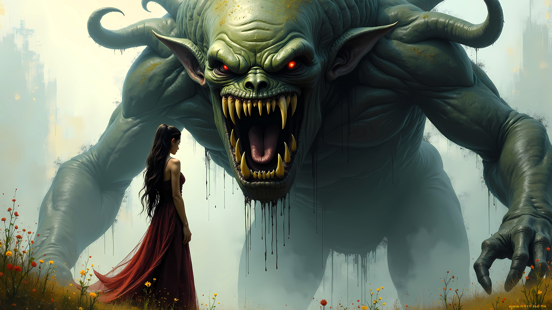 фэнтези, красавицы, и, чудовища, монстр, демон, девушка, поляна, цветы