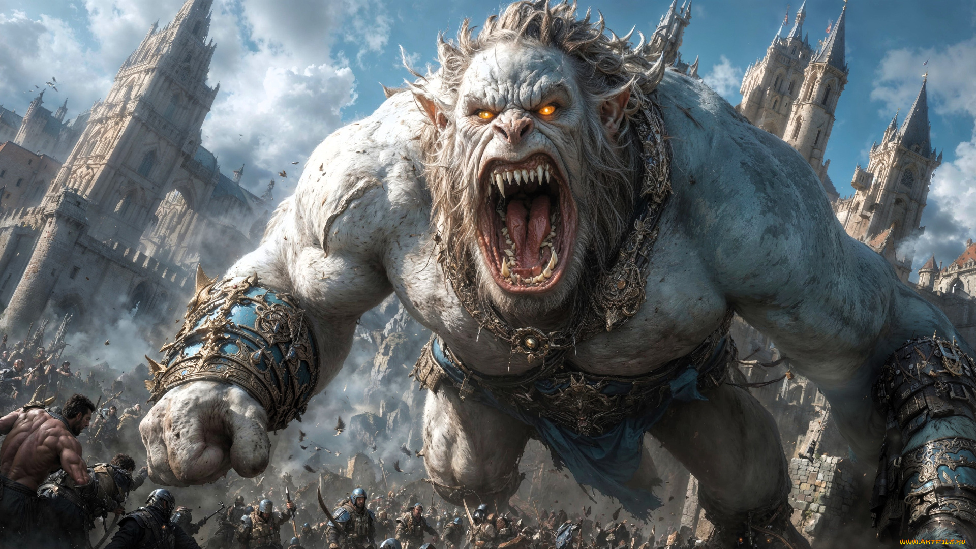 фэнтези, существа, монстр, люди, атака, город, сражение