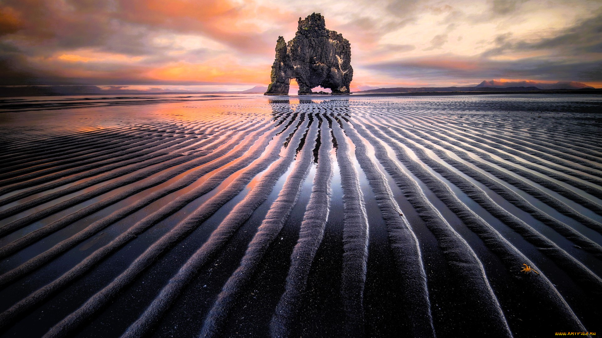 природа, побережье, скала, море, полосы, лужи, закат, небо, облака