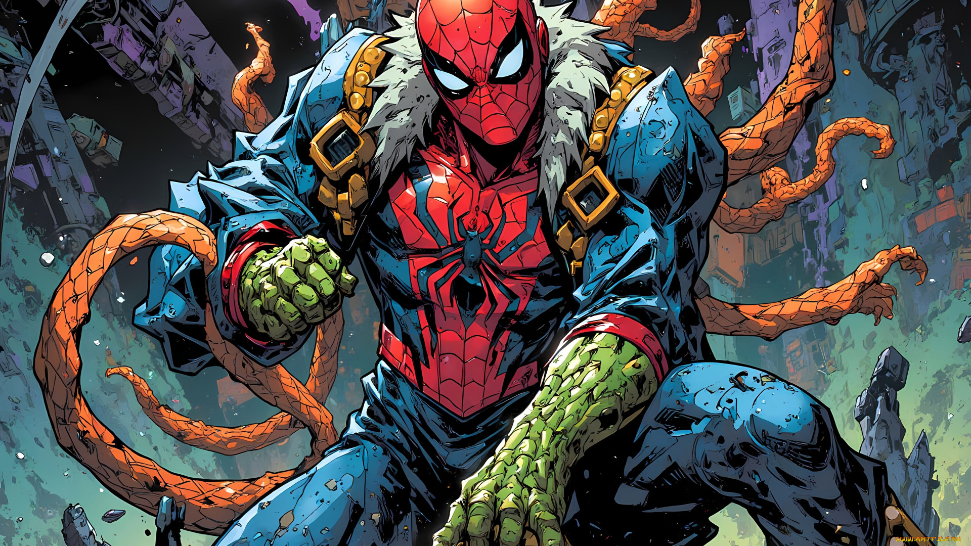 рисованное, комиксы, человек-паук, щупальца, бой, город