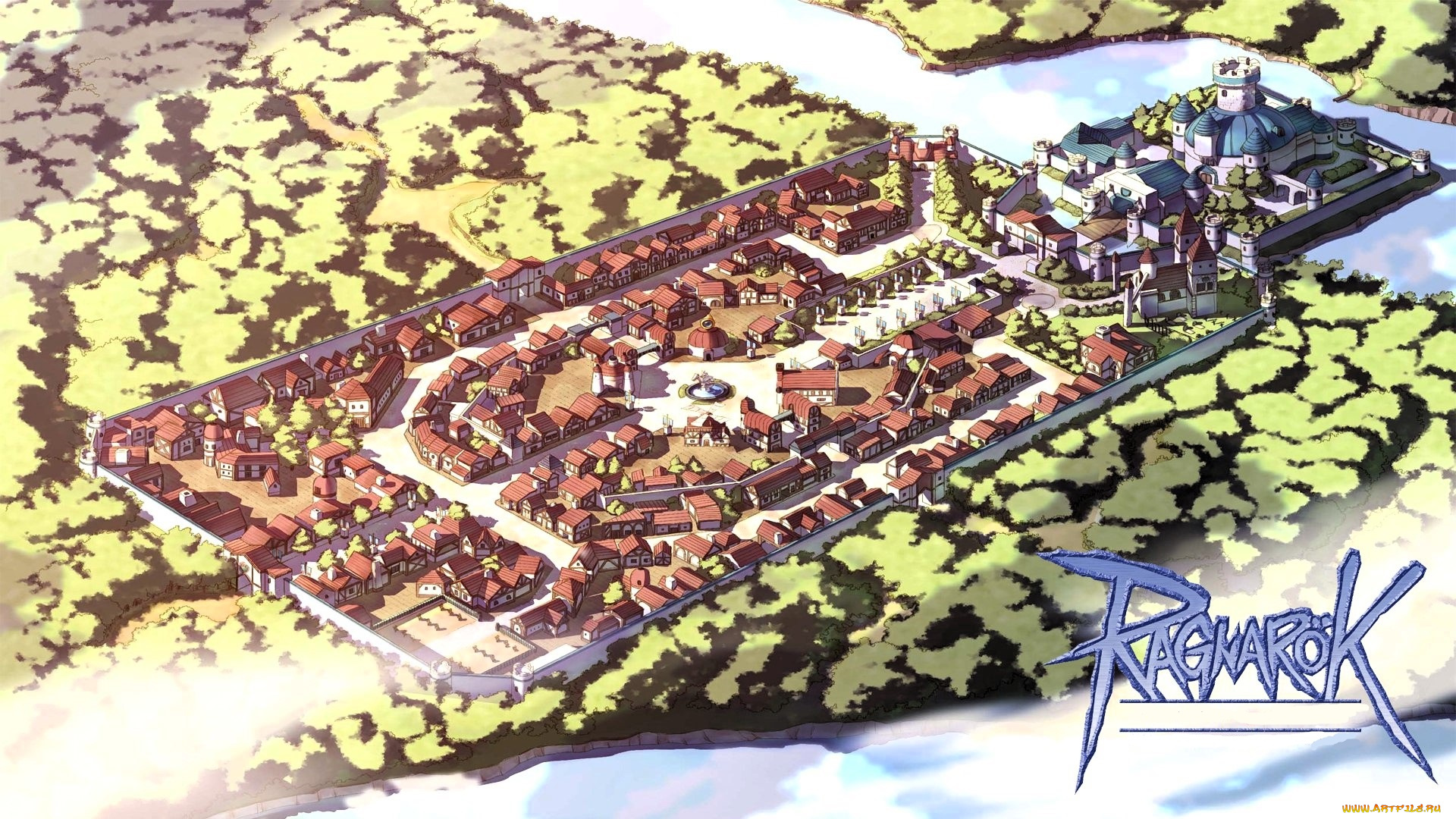 видео, игры, ragnarok, online, город, панорама, лес, река