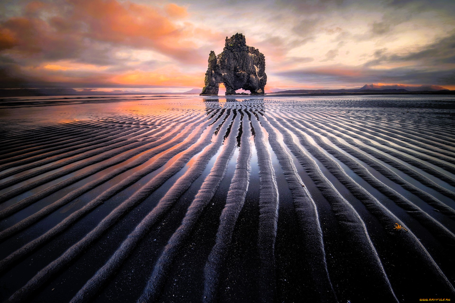 природа, побережье, скала, море, полосы, лужи, закат, небо, облака