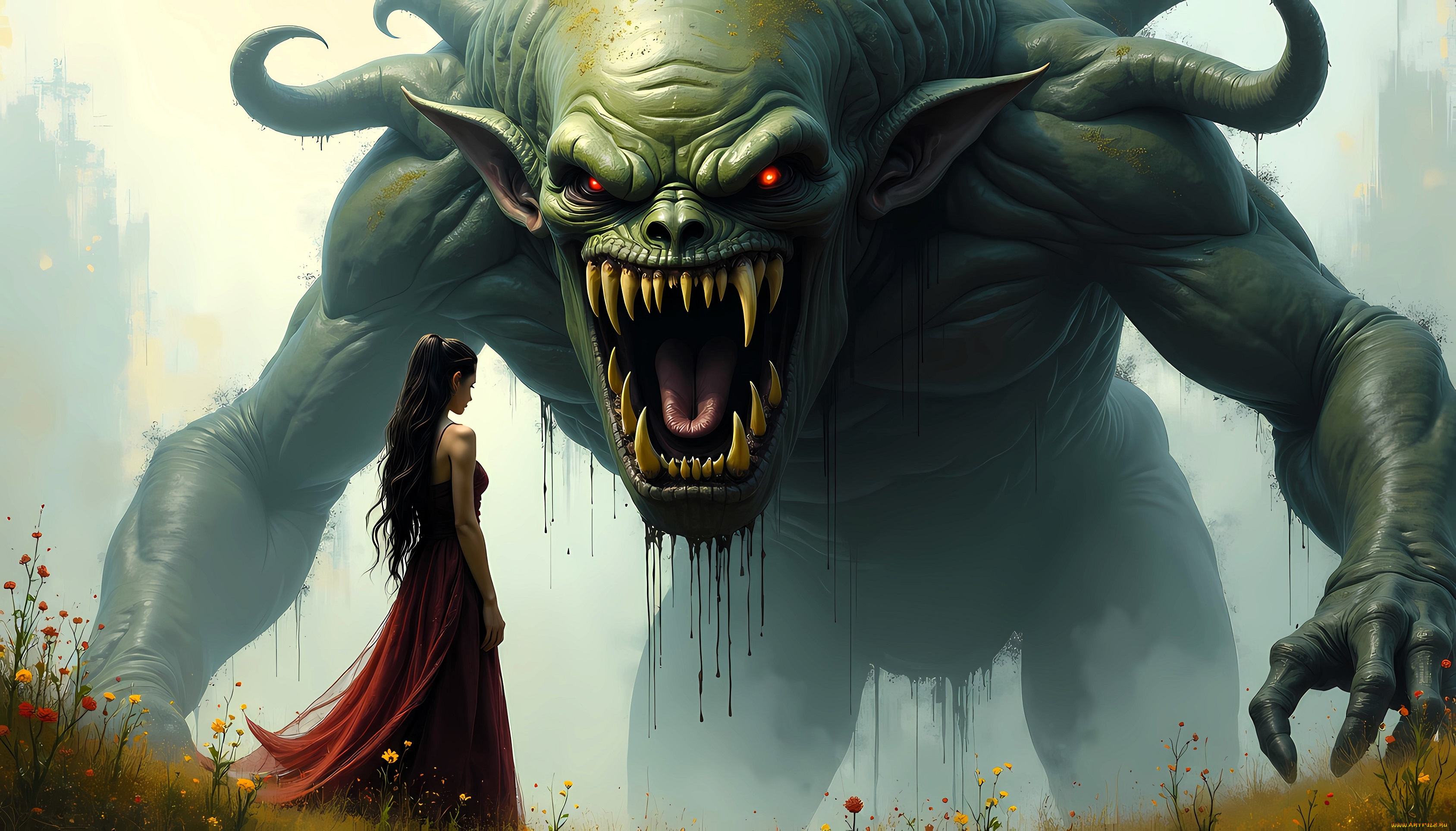 фэнтези, красавицы, и, чудовища, монстр, демон, девушка, поляна, цветы